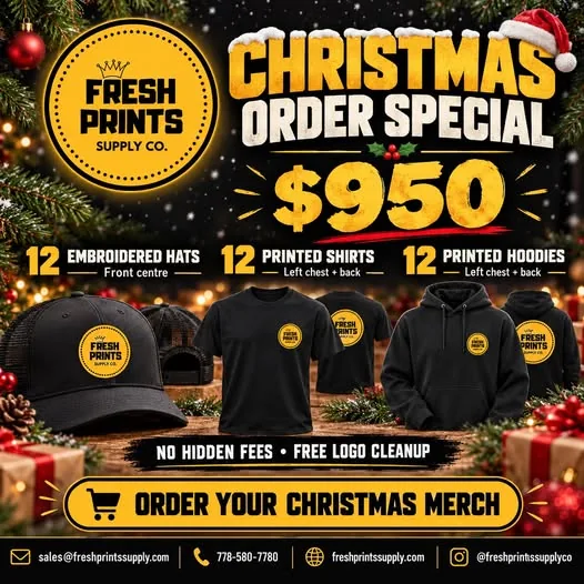 Christmas Order Special: 12 embroidered hats, 12 printed shirts and 12 printed hoodies for $950