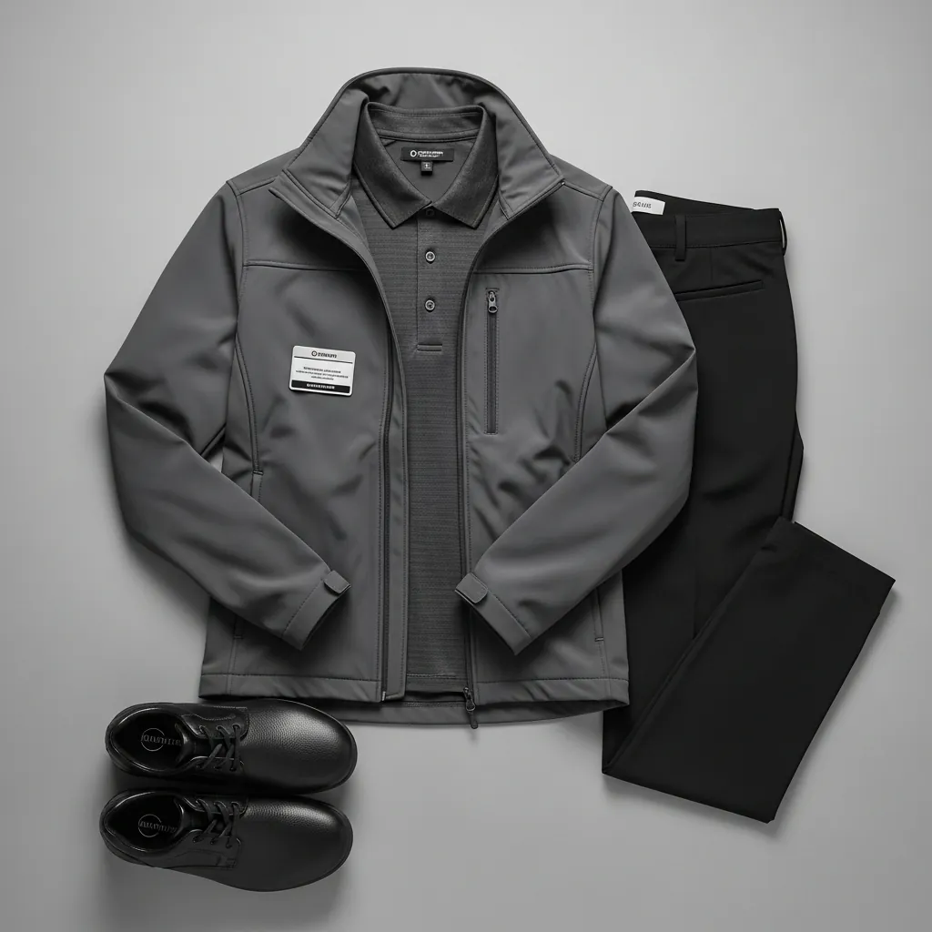 Grey soft-shell jacket, polo and black trousers laid flat with black shoes, a manager uniform kit