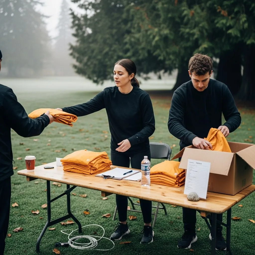 Event volunteers handing out folded orange event t-shirts at a park table