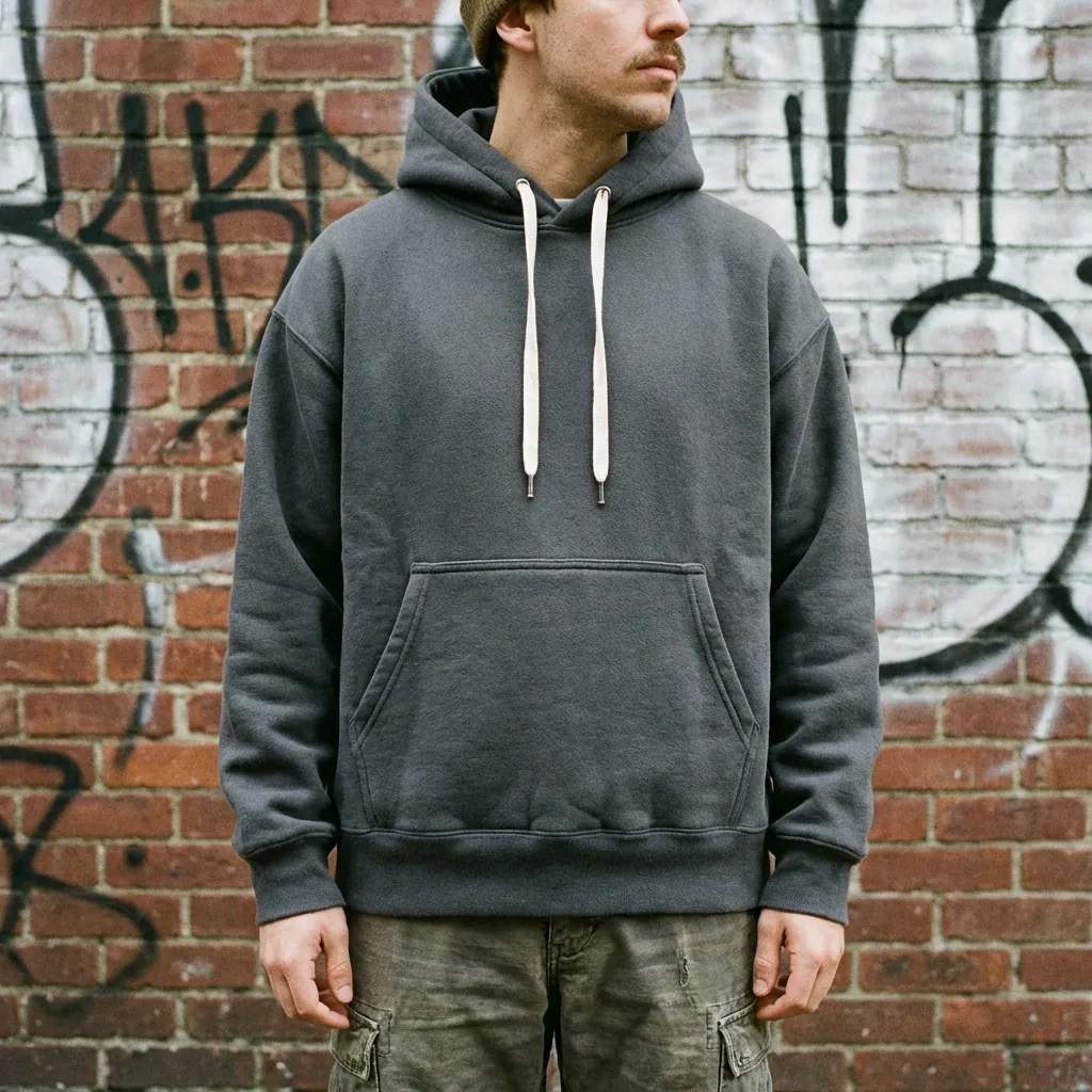 Person in a grey pullover hoodie standing in front of a brick wall