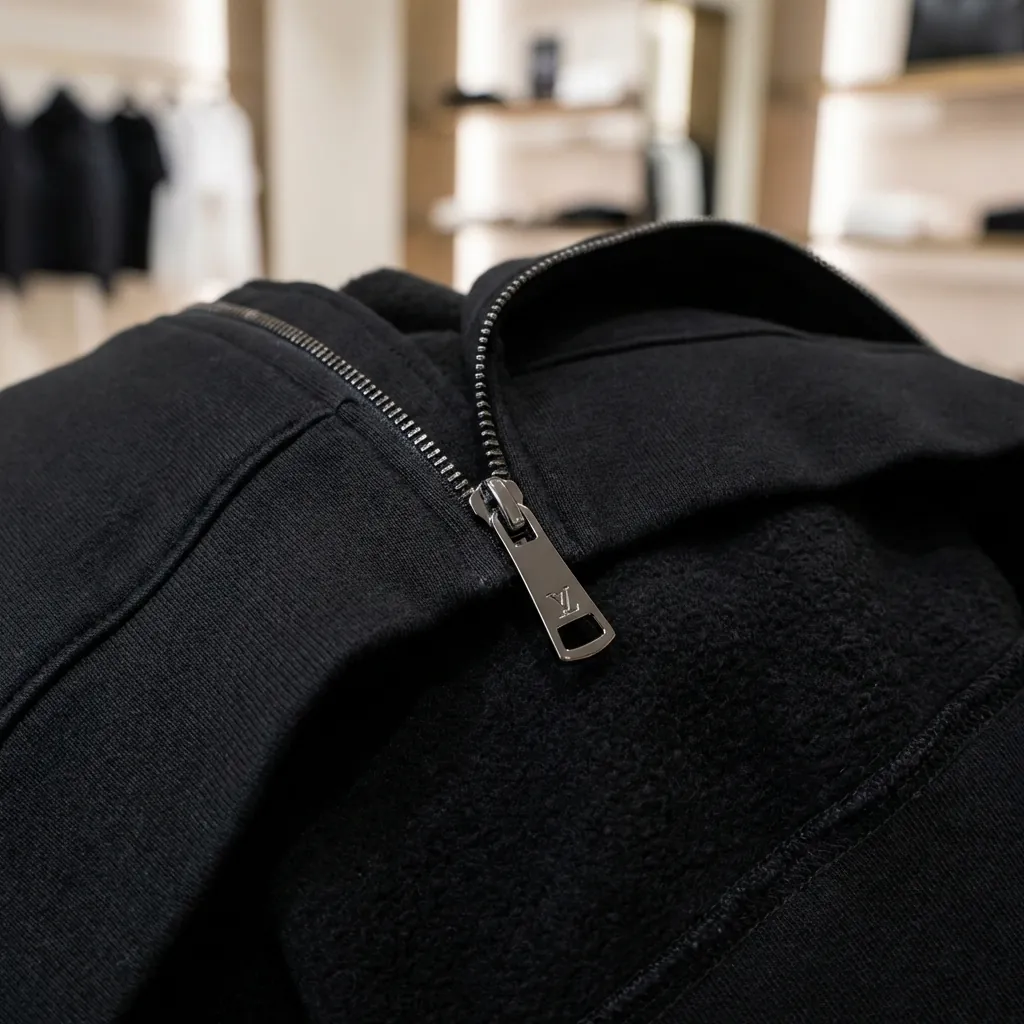 Close-up of a black zip-up hoodie collar and zipper