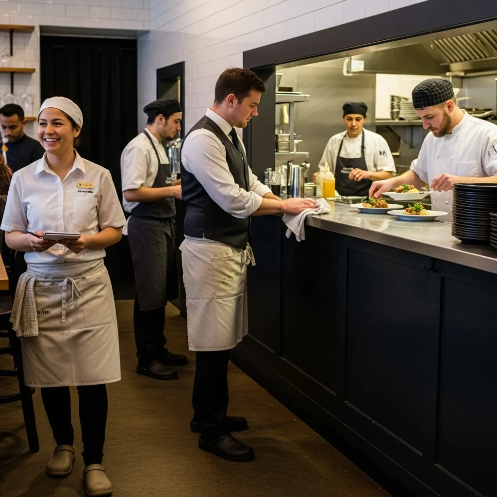 Kitchen and service team in aprons and chef whites working together behind a restaurant pass