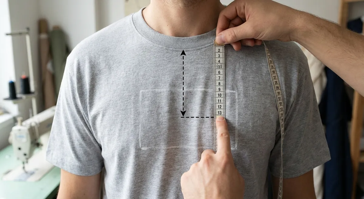 Hand measuring down from the collar of a grey t-shirt, with a dashed outline marking the design area