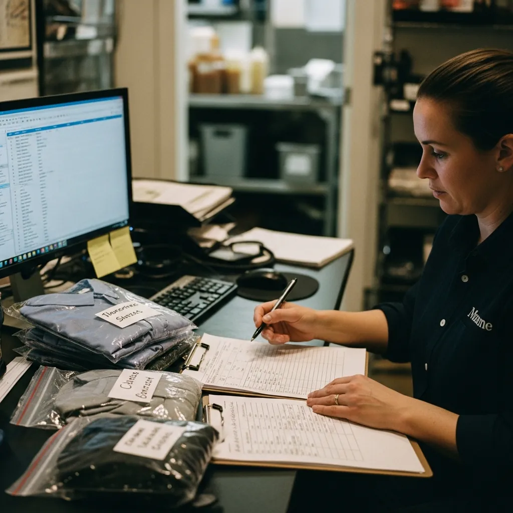 Staff member at a computer writing in a ledger beside bagged, labelled uniform orders