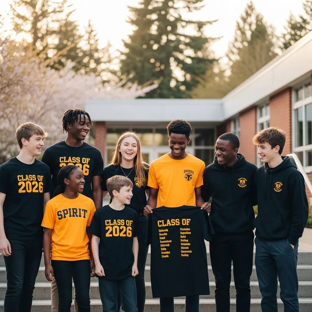 Students outside a school wearing Class of 2026 and spirit wear tees and hoodies