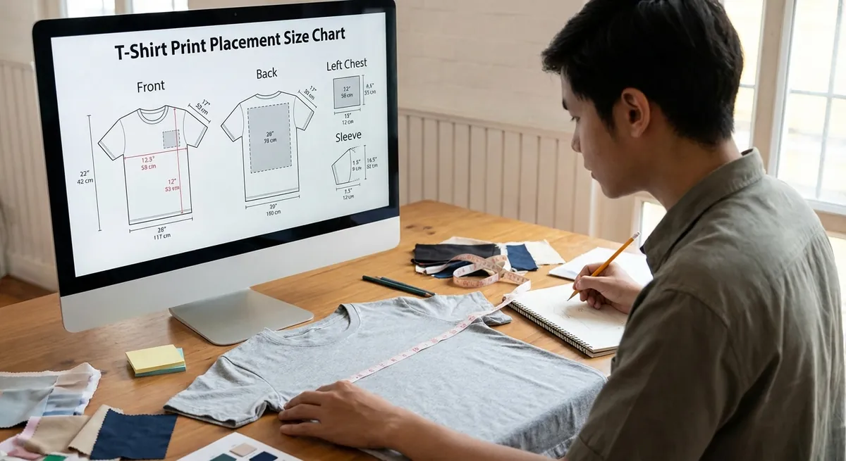 Person at a desk measuring a t-shirt next to a monitor showing a t-shirt print placement size chart