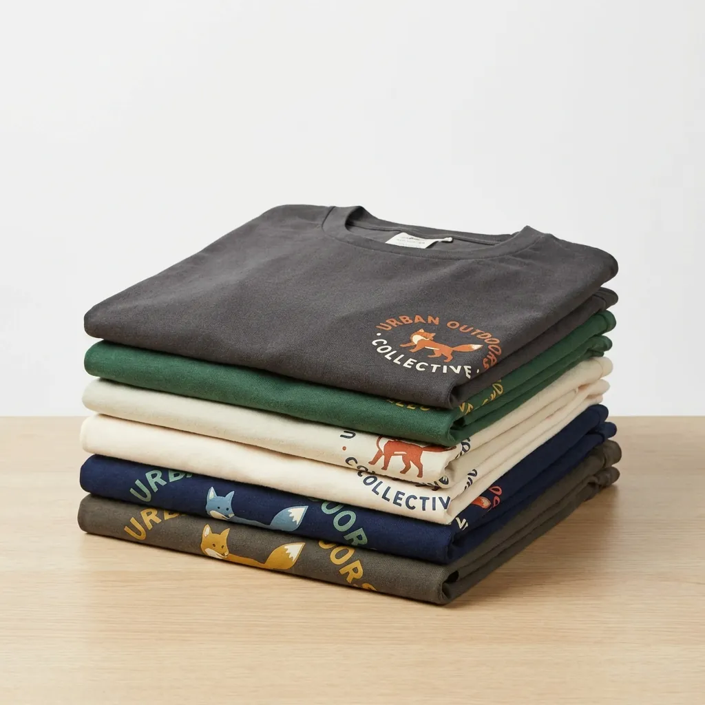 Stack of folded t-shirts with small printed chest logos on a wooden table