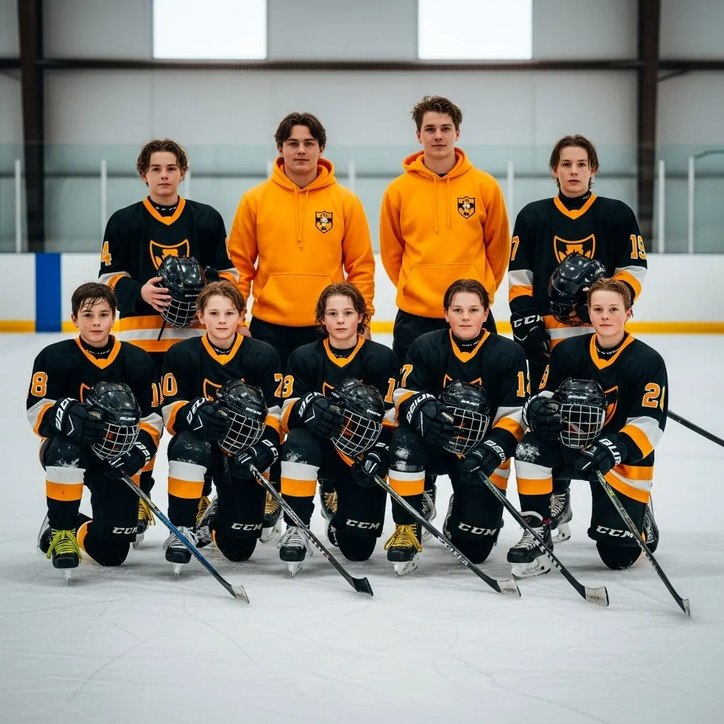 Youth hockey team in matching jerseys and gold hoodies on the ice