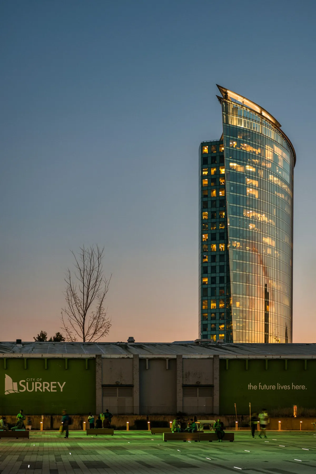 City of Surrey civic plaza at dusk, Surrey, BC