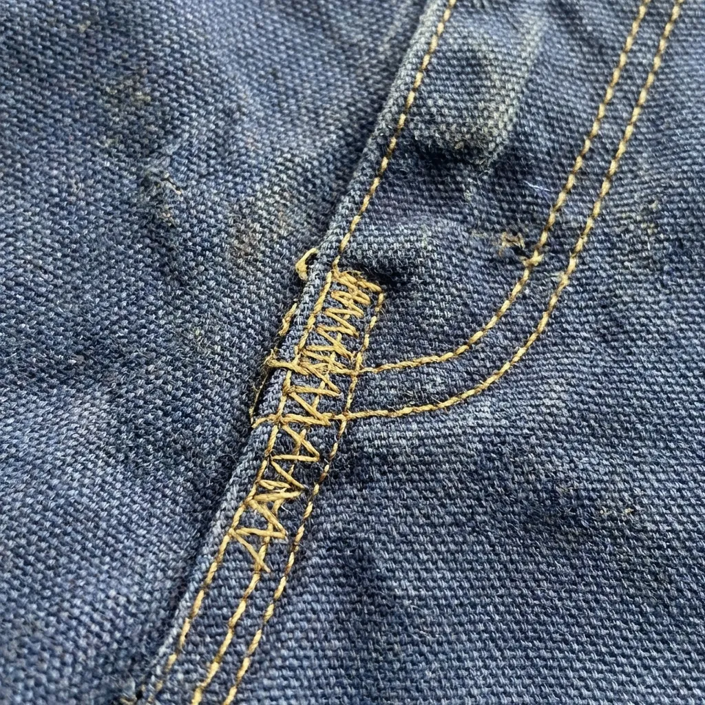 Close-up of heavy contrast stitching on blue work fabric