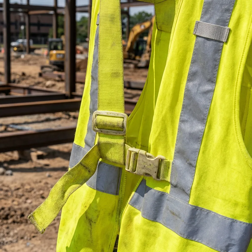 Hi-vis safety vest with reflective strips at a construction site