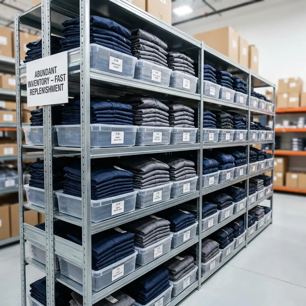 Warehouse shelving with bins of folded navy garments