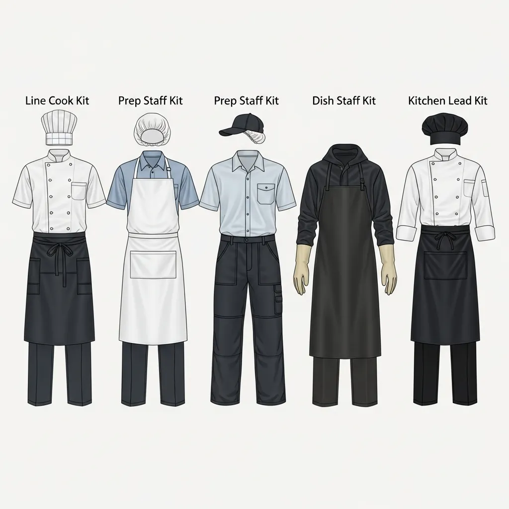 Illustrated uniform kits for line cooks, prep staff, dish staff and a kitchen lead: chef coats, aprons, caps and trousers