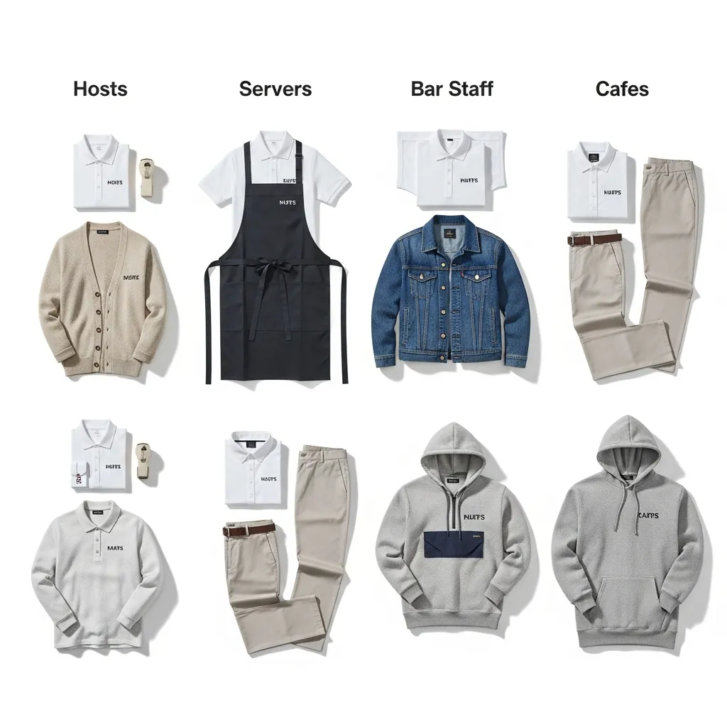 Grid of uniform pieces for hosts, servers, bar staff and cafe staff: polos, aprons, a denim jacket, cardigans, hoodies and trousers
