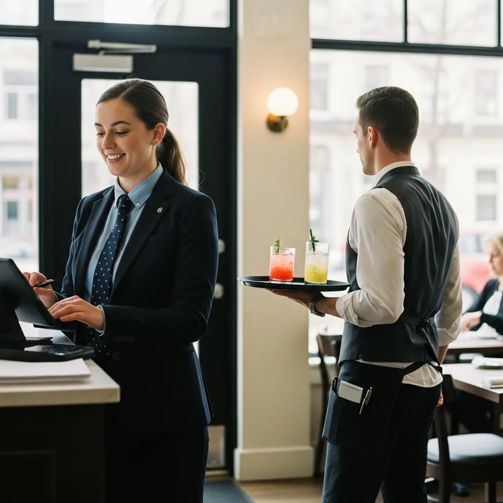 Host in a navy suit at a laptop beside a server in a vest carrying two drinks on a tray