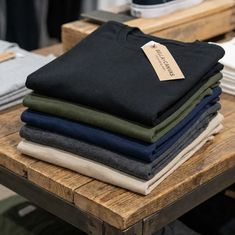 Stack of folded black, olive and navy t-shirts with a hang tag on a wooden table
