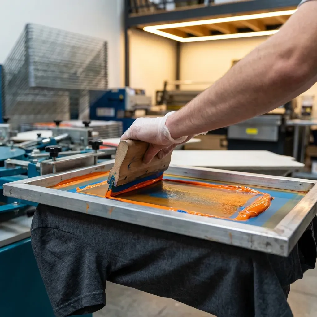 A printer pulling a squeegee of orange ink across a screen over a charcoal t-shirt