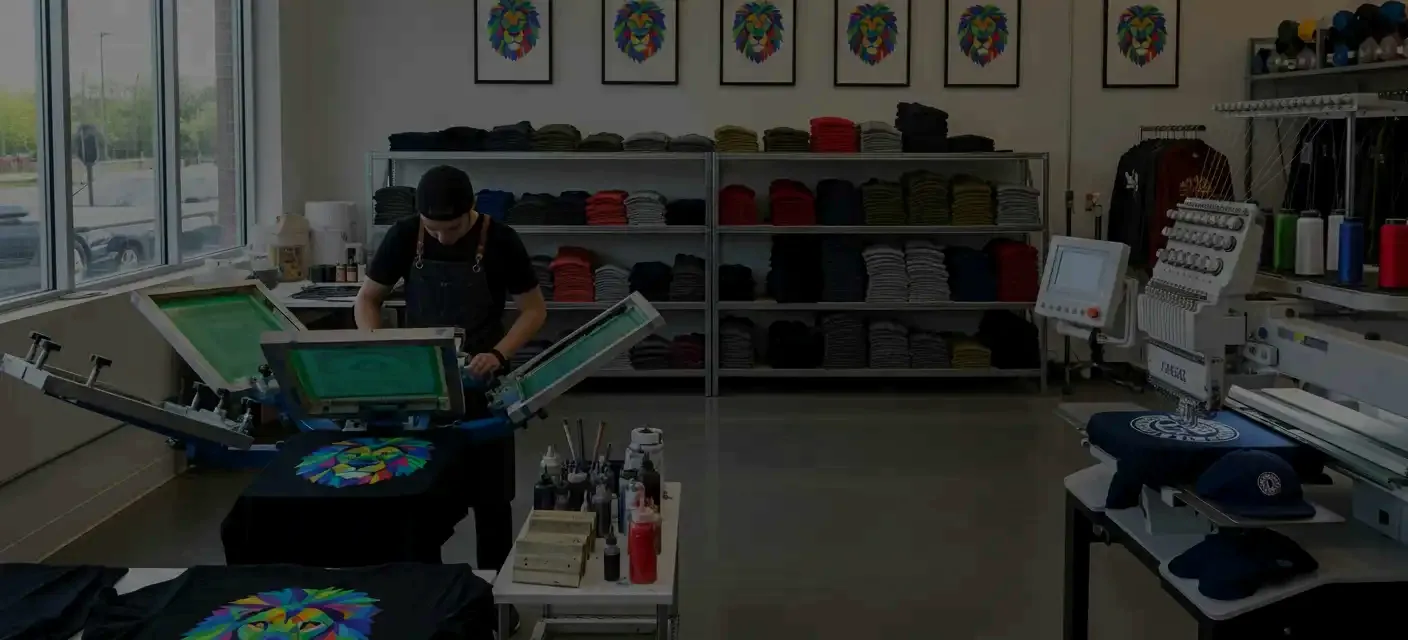 Screen printer pulling a multi-colour lion design onto black t-shirts on a manual press, with an embroidery machine and shelves of blank garments behind