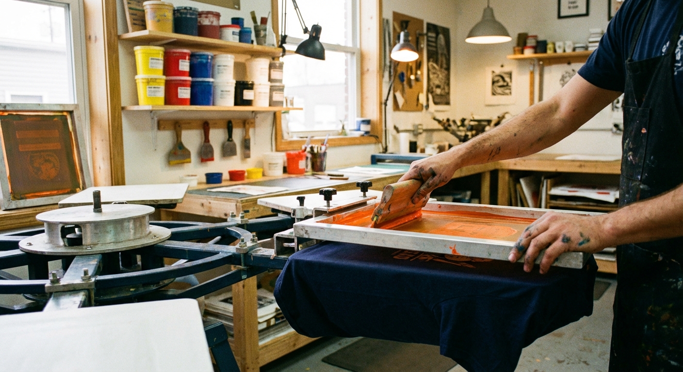 Screen printer pulling squeegee with plastisol ink across silk screen mesh in a professional print shop