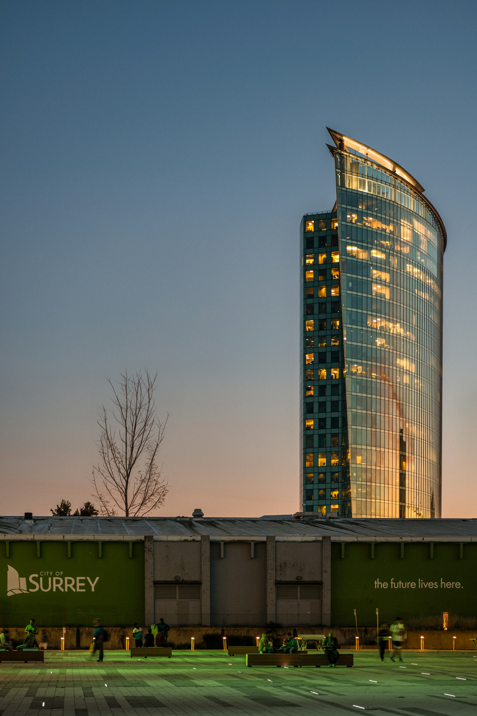 City of Surrey civic plaza at dusk, Surrey, BC
